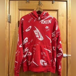 Nike Hoodie Men's S Just Do It Nike Swoosh All Over Print Red Pullover